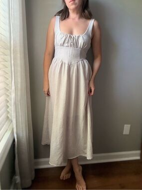 The Workshop Beige Striped Midi Dress Size M Cottagecore Corset Waist W/ Pockets